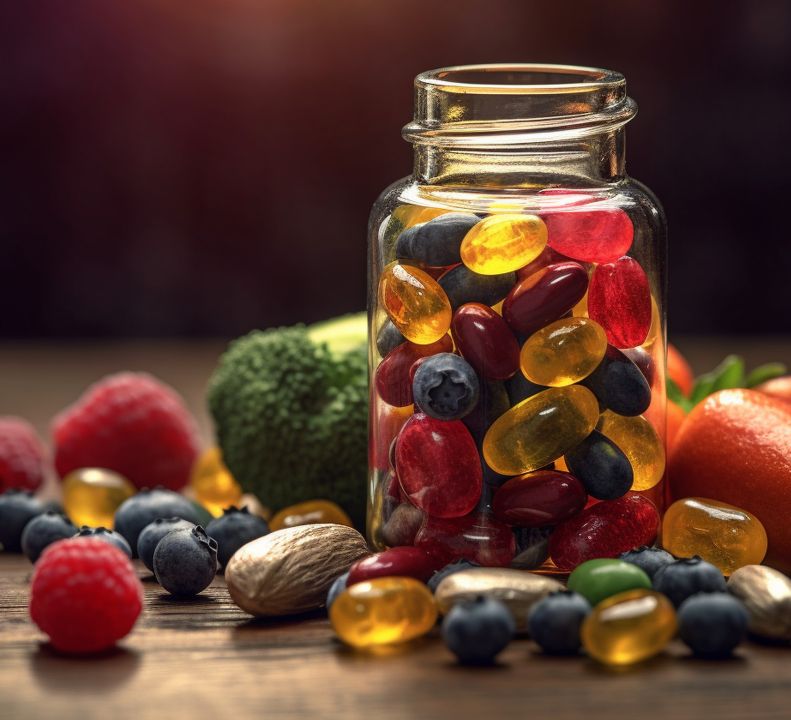 mix of fruits, vegetables, and medicine capsules inside a glass jar. b complex vs b12