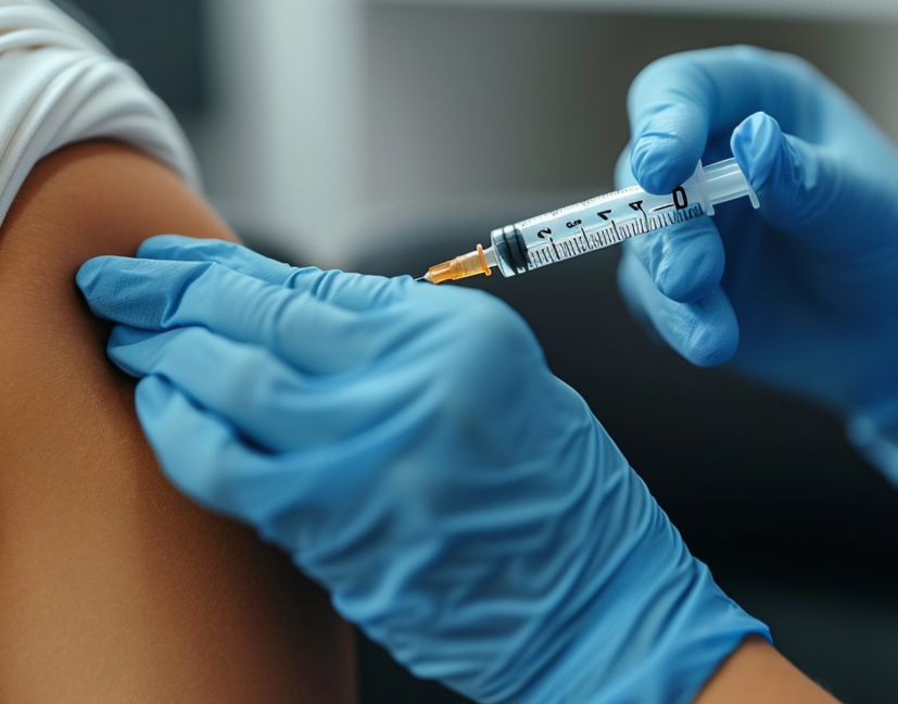 doctor injects into the shoulder of a female patient in a medical mask in a hospital side view