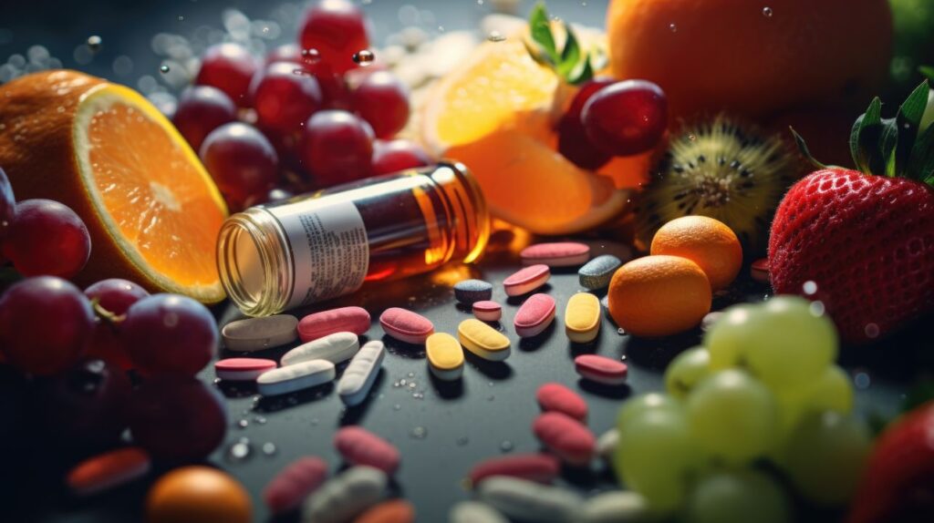 A bottle of vitamin pills surrounded by a variety of fresh fruits and vegetables