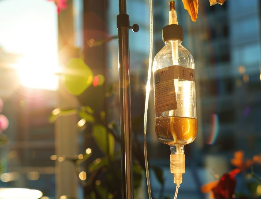 IV drip bag with fluid in sunlit hospital room.