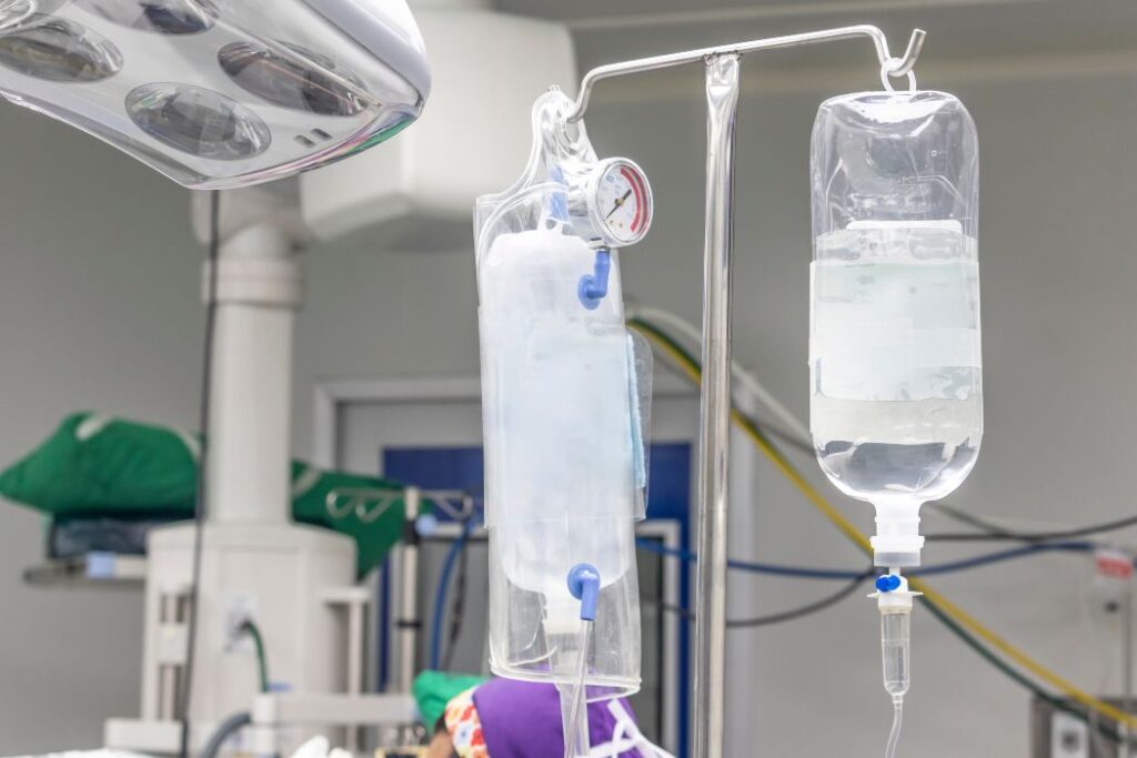 Close up saline solution, saline bag in operating room at hospital.