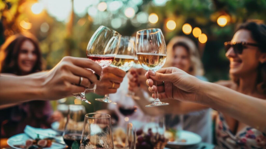 Friends having fun outdoors toasting glasses of wine. how much wine to drink to get drunk